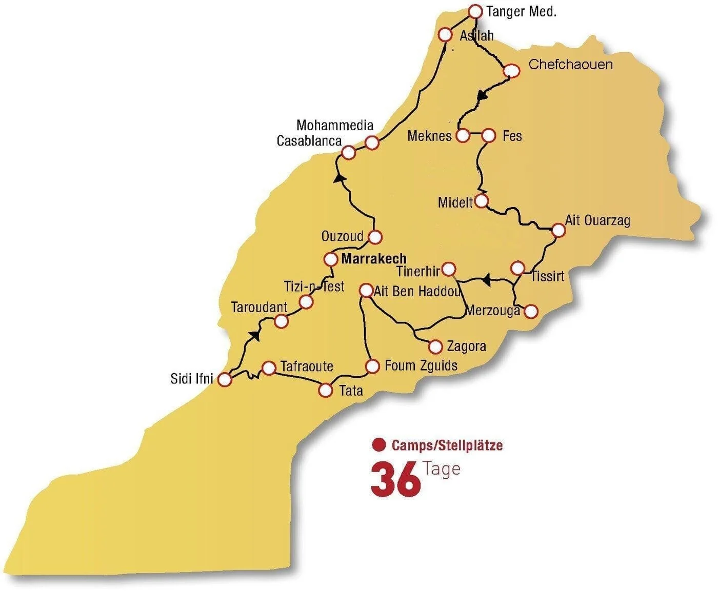 Mapa de la ruta Marokko Hautnah de 36 días