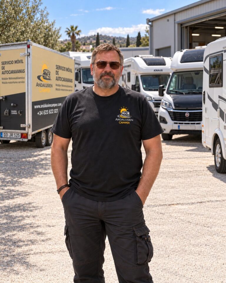 Sven Reinhardt junto al servicio móvil y las autocaravanas de AndalusienCamper