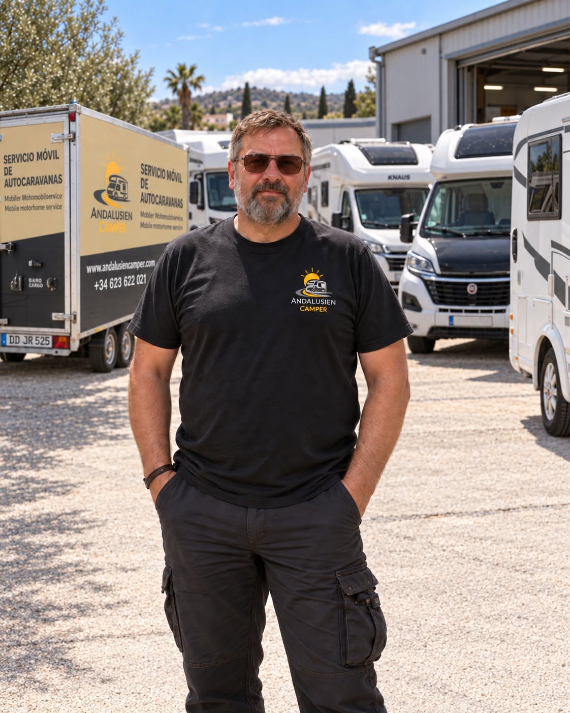 Sven Reinhardt junto a autocaravanas y al servicio móvil de AndalusienCamper